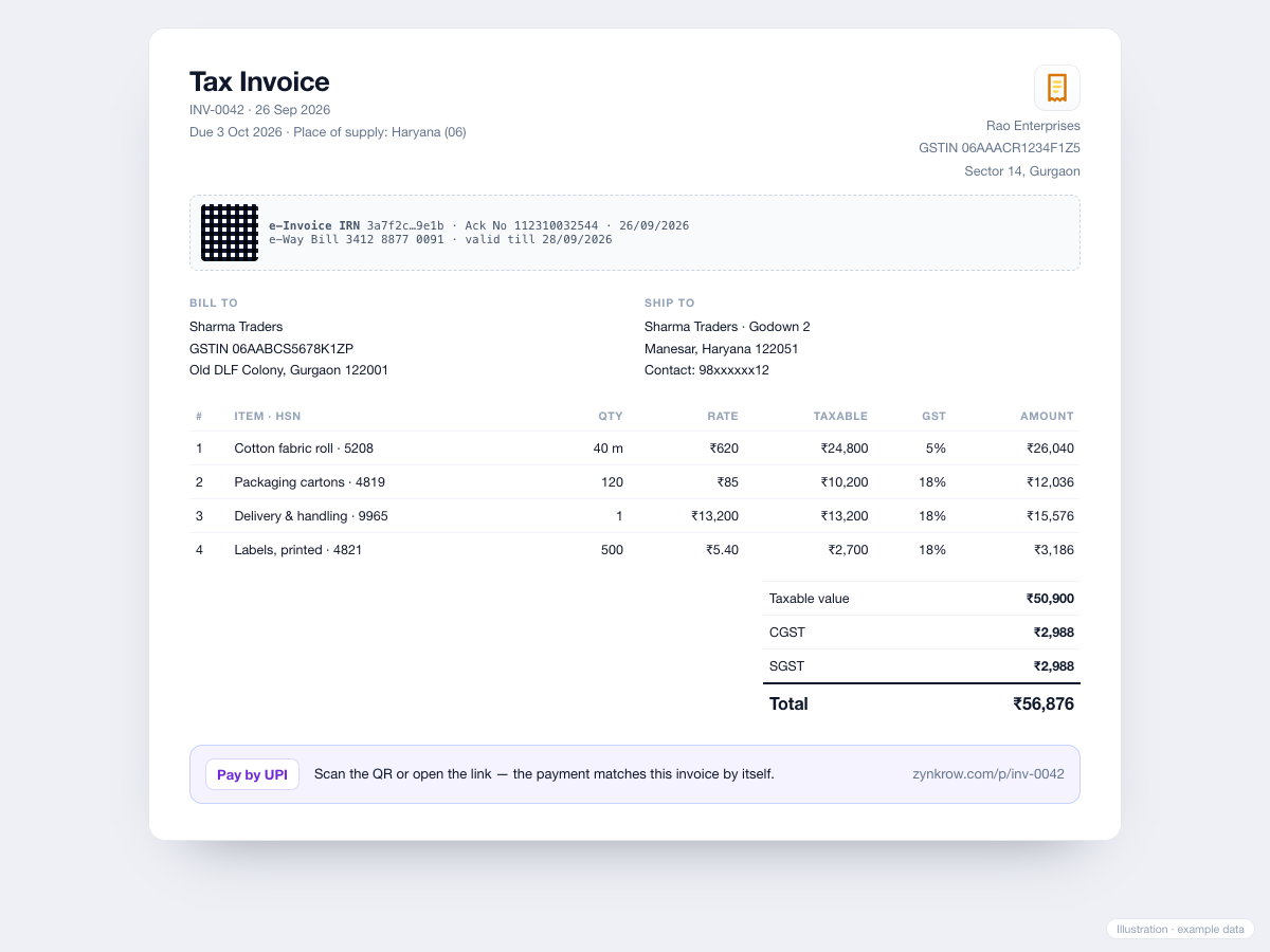 A GST invoice with e-invoice IRN and a UPI payment link