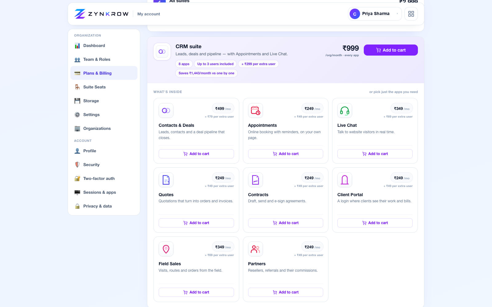 Plans & Billing — every app, its price, its trial